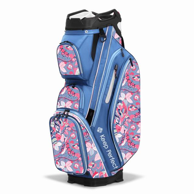 A custom cart bag with sponsor branding staged for a corporate golf day program