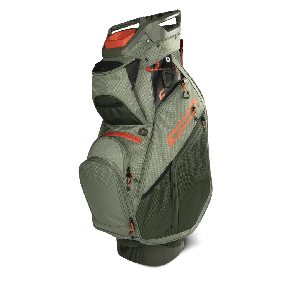 Custom cart golf bag with forward-facing pockets and 14-way divider top on a riding cart