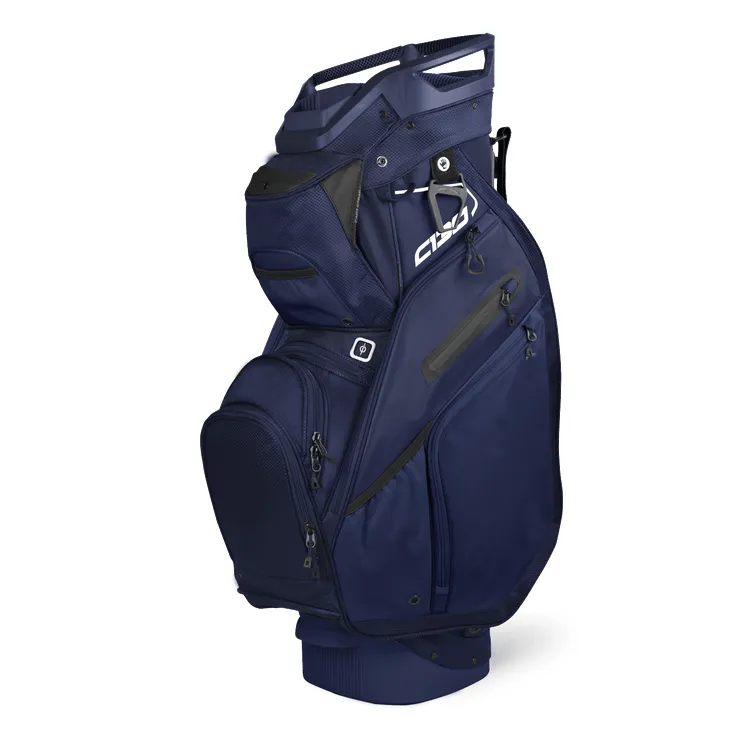 Custom cart golf bags in coordinated colorways showing pocket systems and top handles