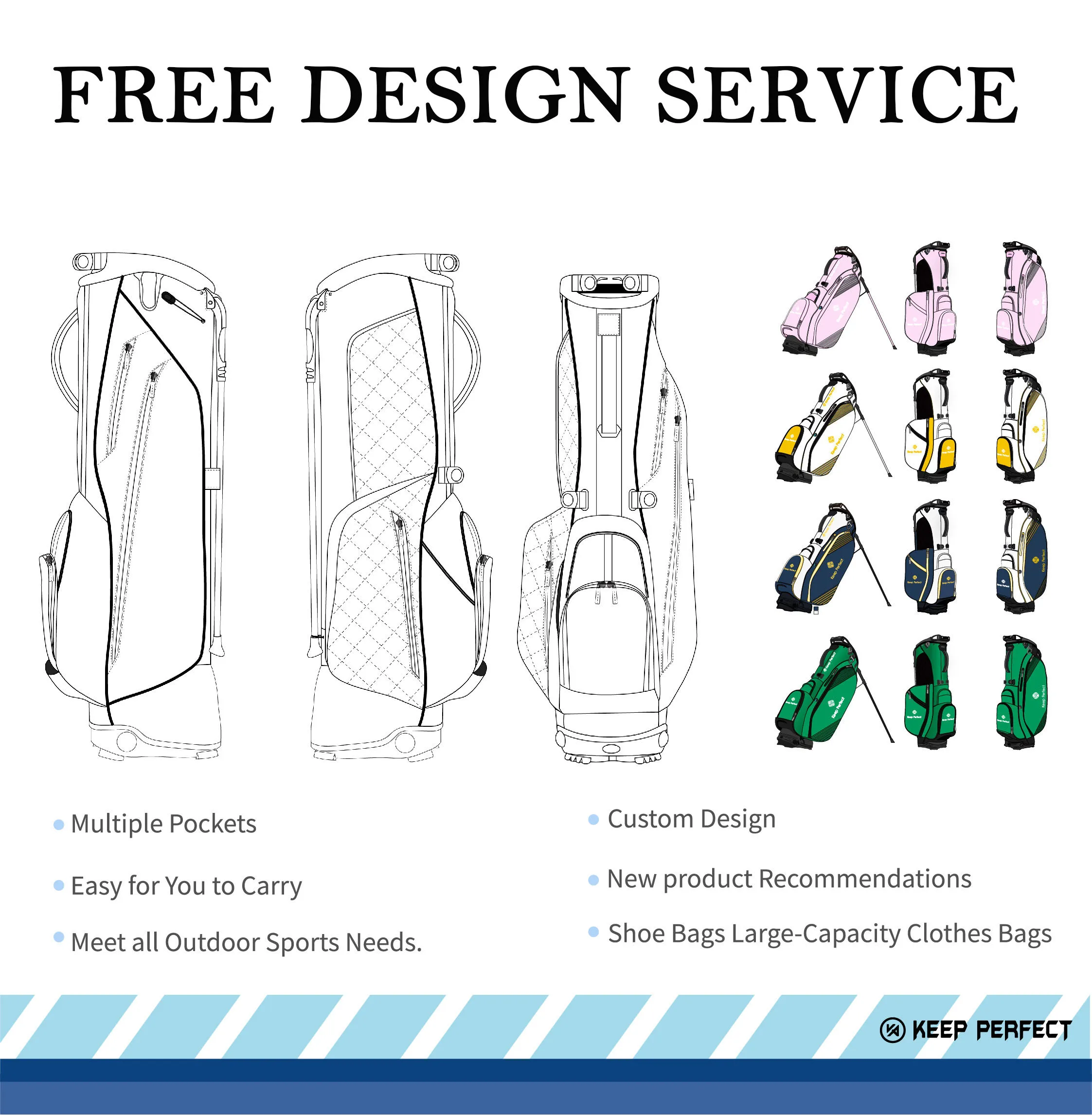 Custom golf bag development samples in OEM pattern engineering on the factory sample bench