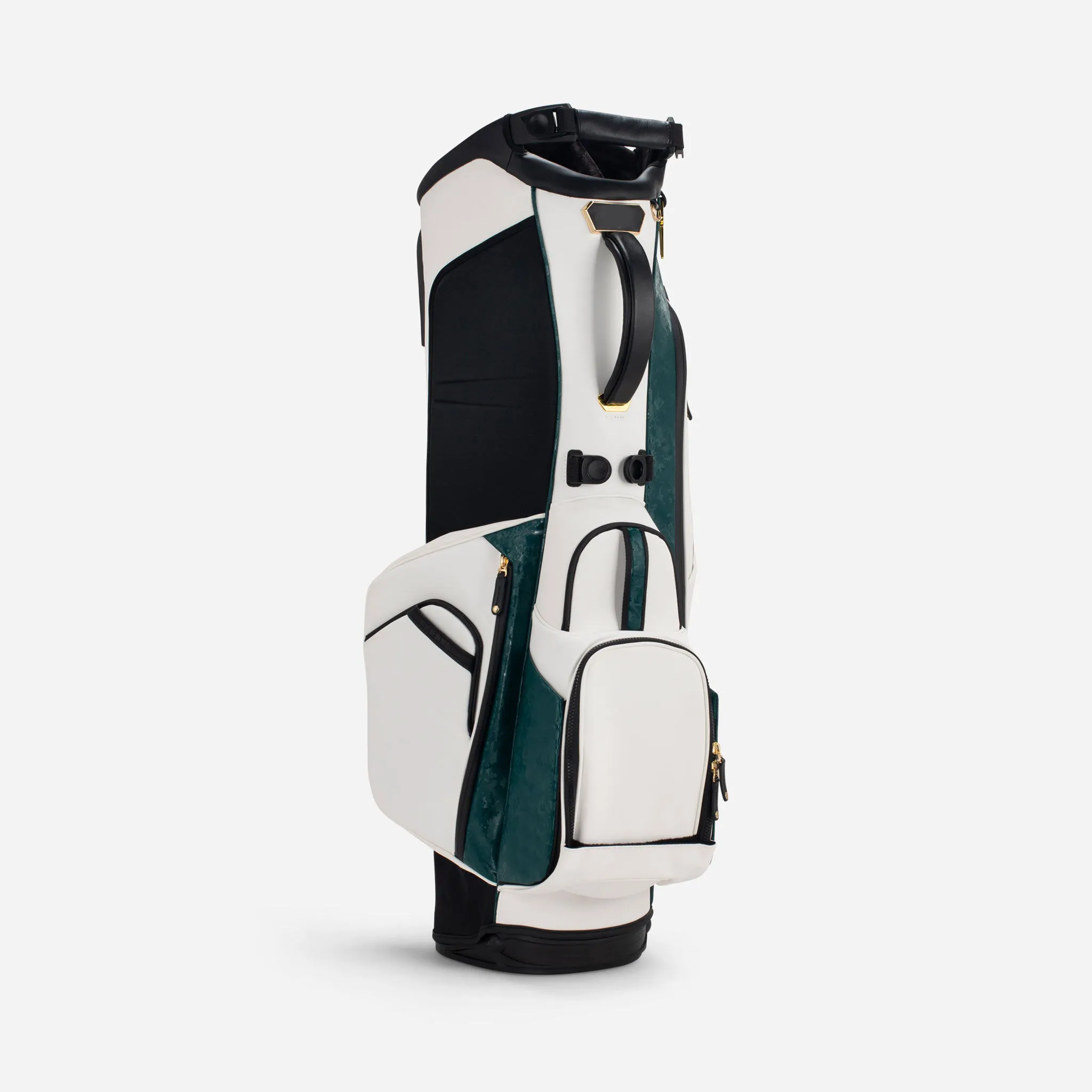 Custom golf bag samples in three development stages from first pattern to approved production sample