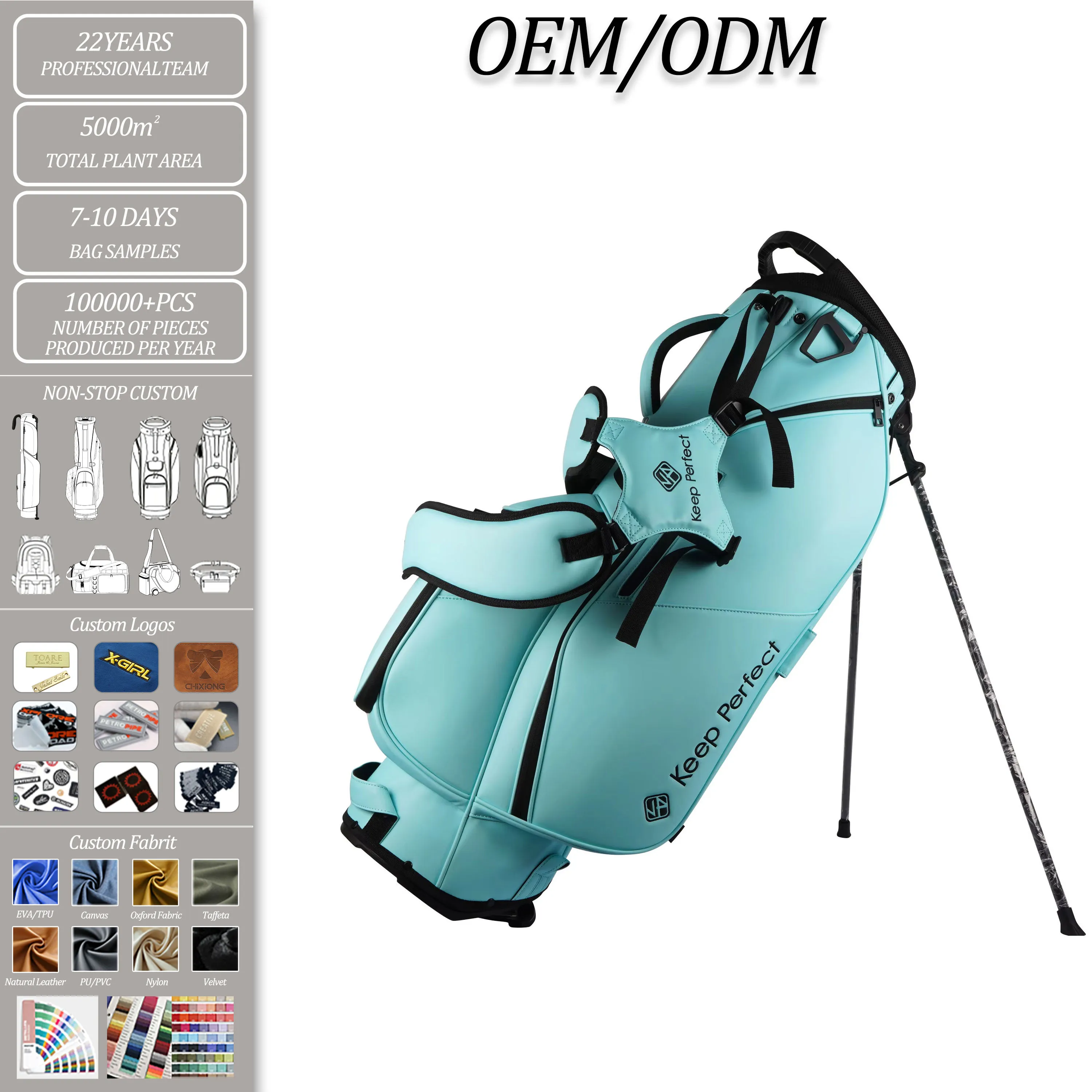 Private label golf bag collection showing a coordinated three-SKU brand ladder