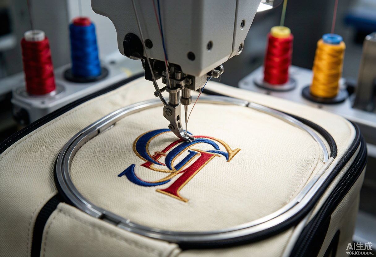 Industrial embroidery machine stitching a custom monogram logo onto a cream golf bag fabric panel