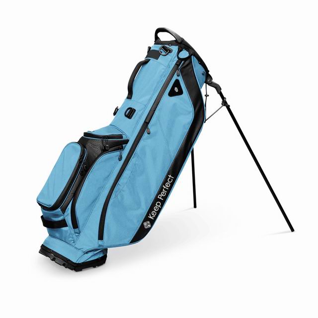Custom stand golf bag with legs deployed showing strap system and pocket architecture