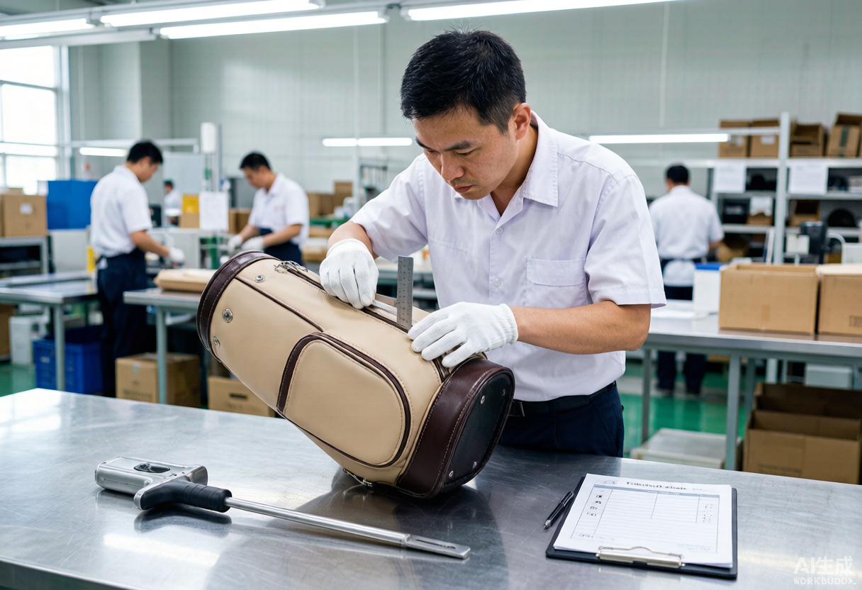 Pre-shipment inspection of custom golf bags at AQL 2.5 on the production line