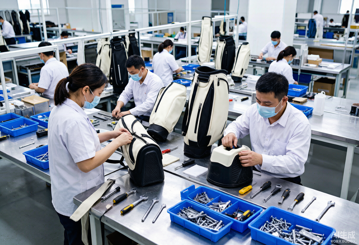 Custom golf bags moving through assembly during bulk production