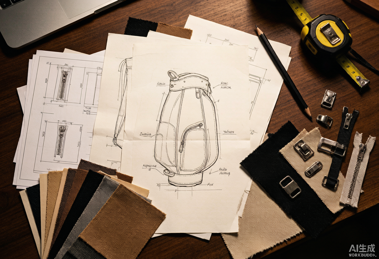 Designer workbench with golf bag technical sketches, tech pack sheets, color swatches and hardware samples