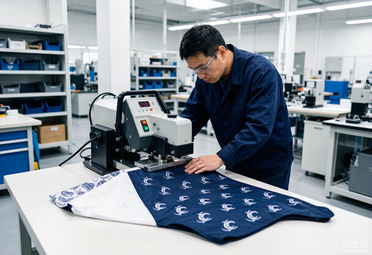 Worker pressing a heat transfer onto a navy golf bag fabric panel in the factory