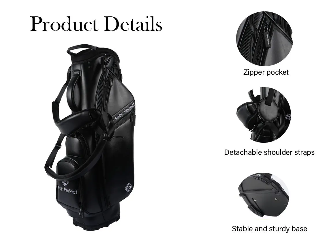 Custom hybrid golf bag product detail showing zipper pockets, detachable shoulder straps and stable base