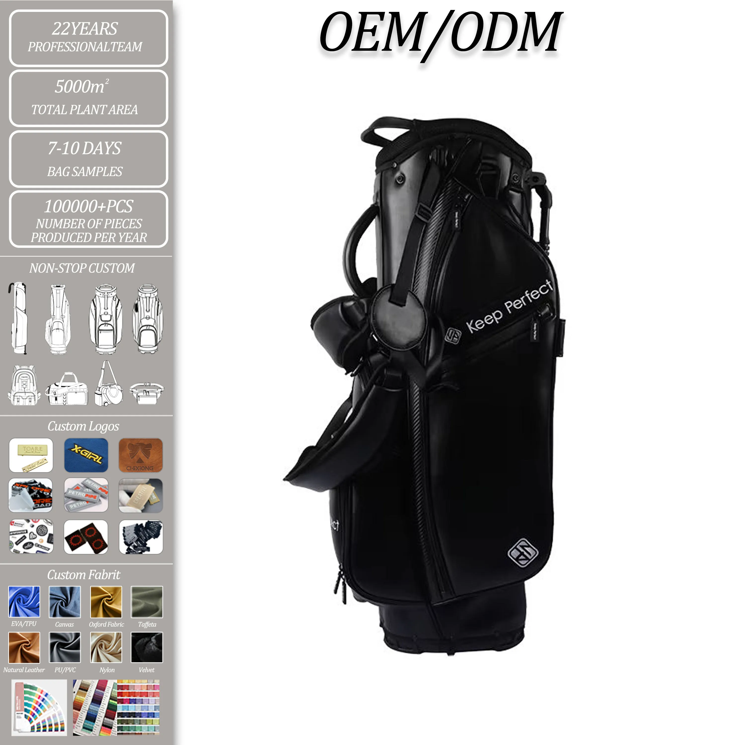 Custom hybrid golf bag with stand legs and cart-compatible base in product photography