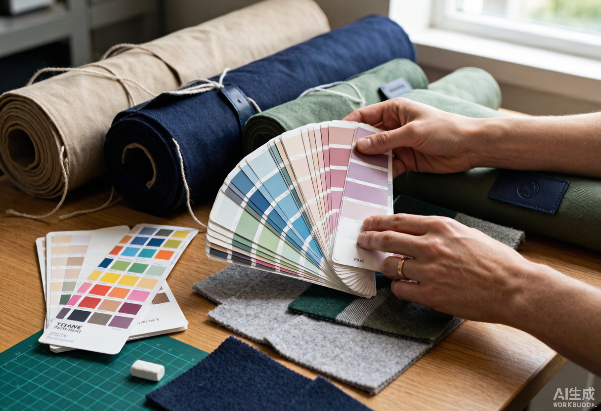 Designer comparing a Pantone swatch fan against rolls of golf bag fabric in beige, navy and sage tones